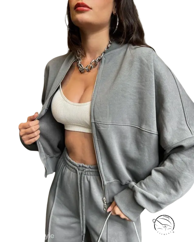 Gray zipper cardigan sweater set with casual straight pants in gray tracksuit style