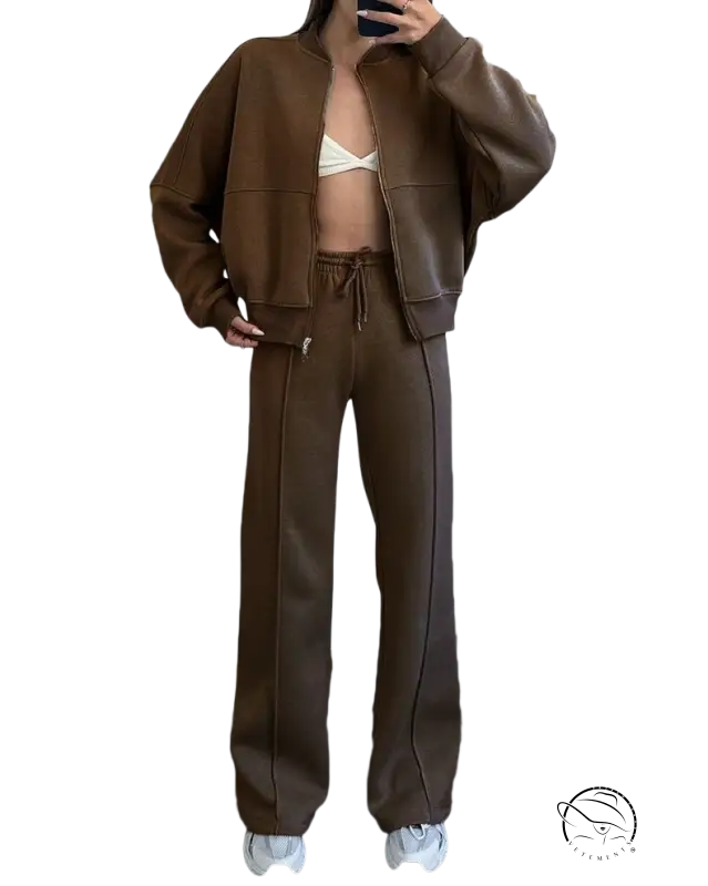 Brown zipper cardigan sweater set with casual straight pants and white sneakers