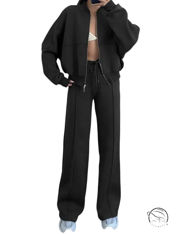 Dark casual zipper cardigan sweater set with straight pants