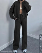 Dark-colored Cardigan Sweater Set with Zipper and Casual Straight Pants for Spring/Fall