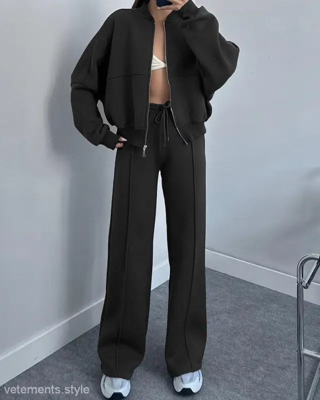 Dark-colored Cardigan Sweater Set with Zipper and Casual Straight Pants for Spring/Fall