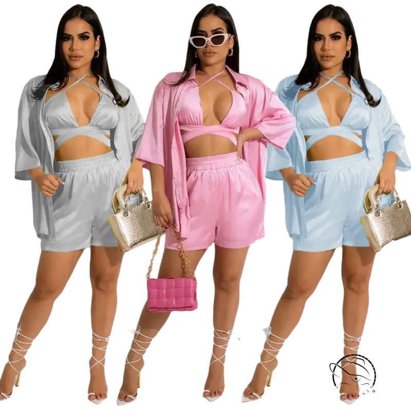 Three cheerful & cute women clothing vest piece set in satin shorts