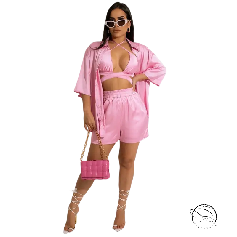 Pink satin cheerful and cute women clothing vest piece set