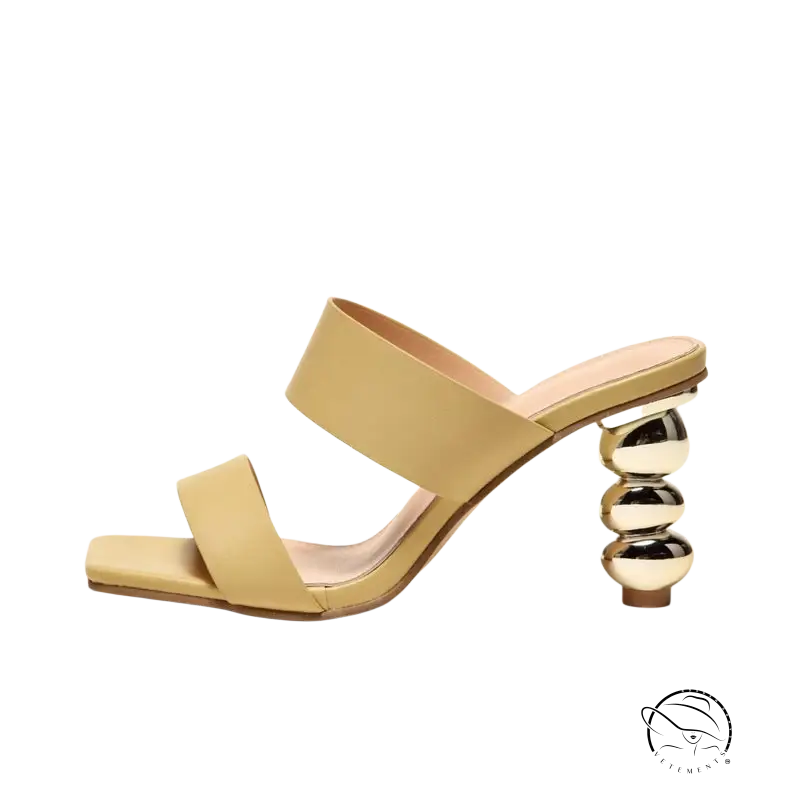 Chic cold drag high heel beige leather mule with metallic sphere heel