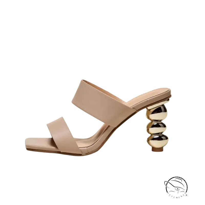 Chic cold drag high heel beige leather mule with stacked metallic sphere heel