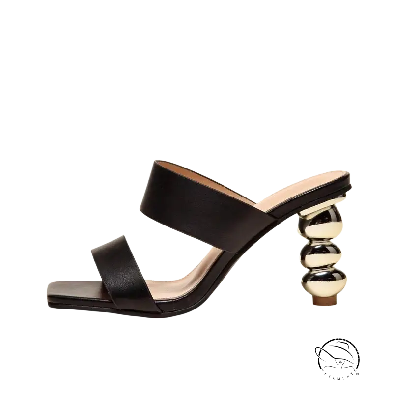 Chic cold drag high heel black leather mule with stacked metallic sphere heel