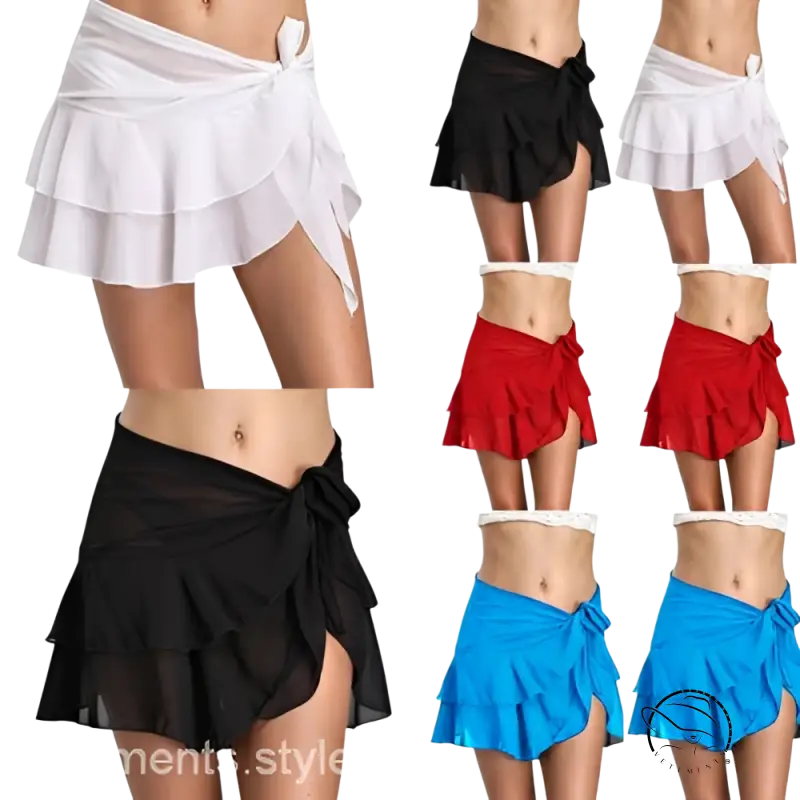 Chic chiffon beachwear short dress with ruffled wrap skirts in white, black, red, blue