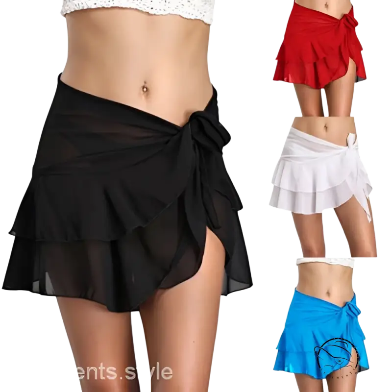 Chic chiffon beachwear short dress with ruffled wrap skirt in black, red, white, blue
