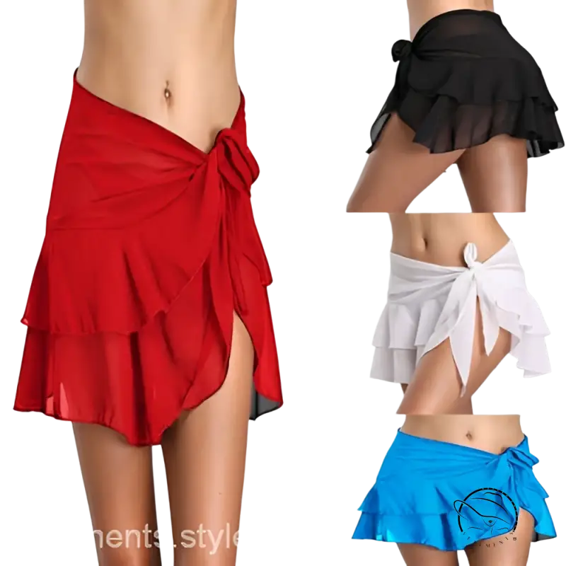 Chic chiffon beachwear short dress with ruffled wrap skirts in various colors and side ties