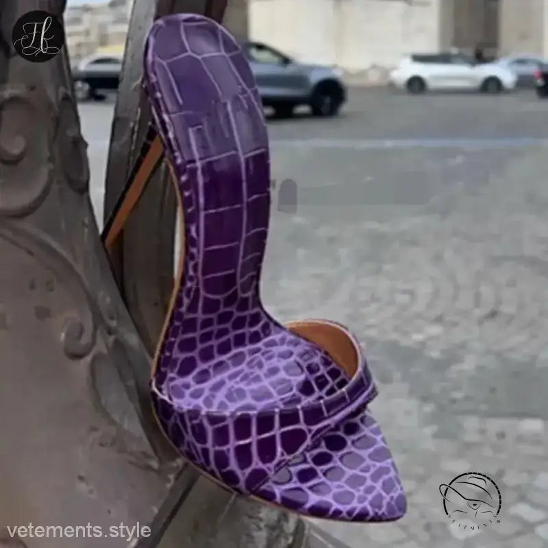 Purple stiletto pumps with chic summer slide snake skin pattern