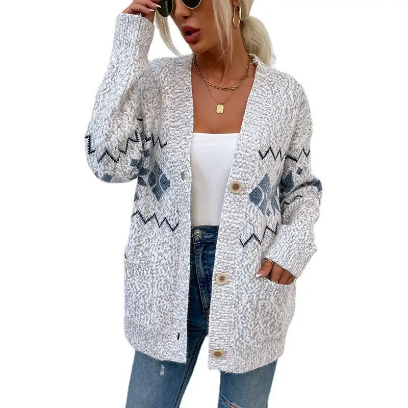 Gray and white patterned Christmas Snowflake sweater single-breasted with pocket