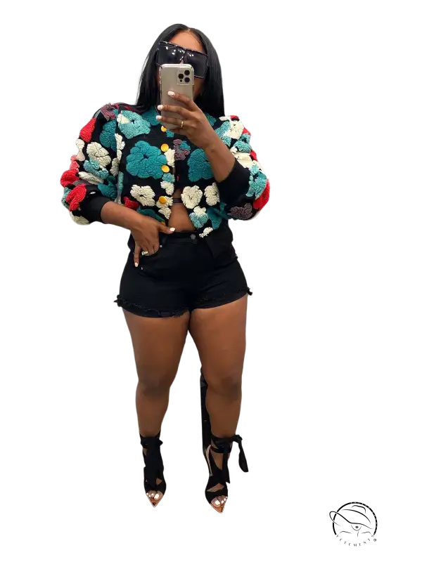 Rose red chrysanthemum floral crochet jacket with black shorts