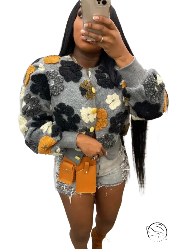 Rose red Chrysanthemum floral print casual polyester jacket with orange and black embroidered flowers on textured fabric