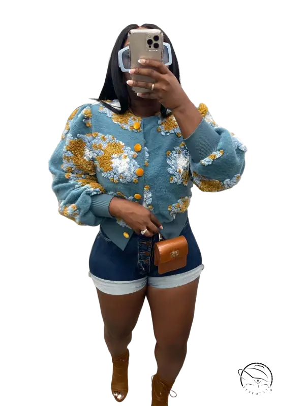 Rose red chrysanthemum floral print casual polyester jacket g0562