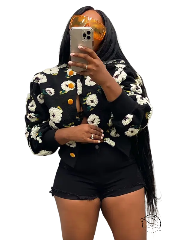 Chrysanthemum floral print rose red polyester jacket with black background