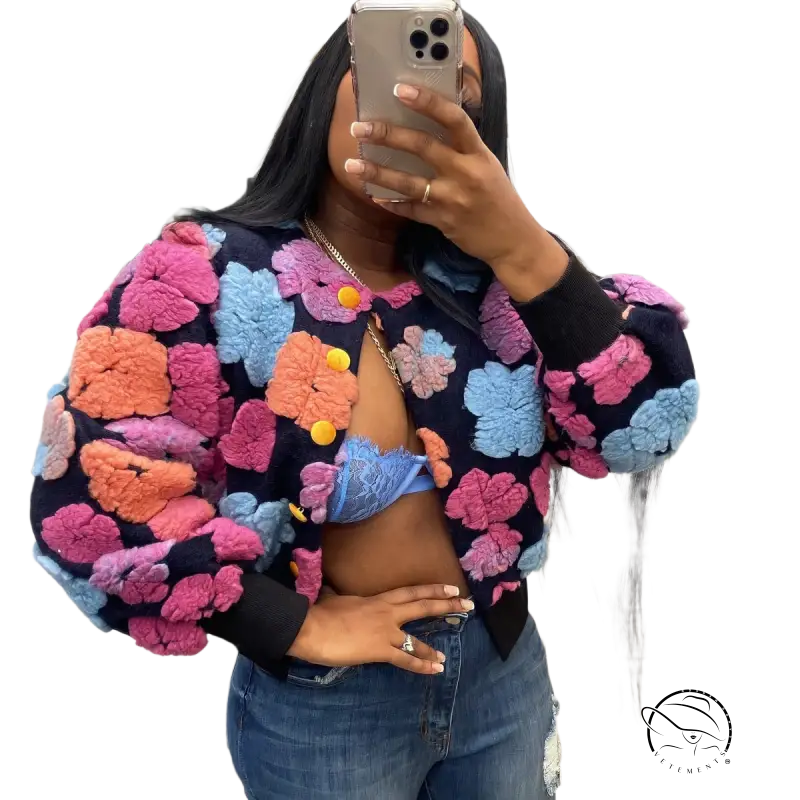 Rose red chrysanthemum floral print jacket with vibrant colors on black background