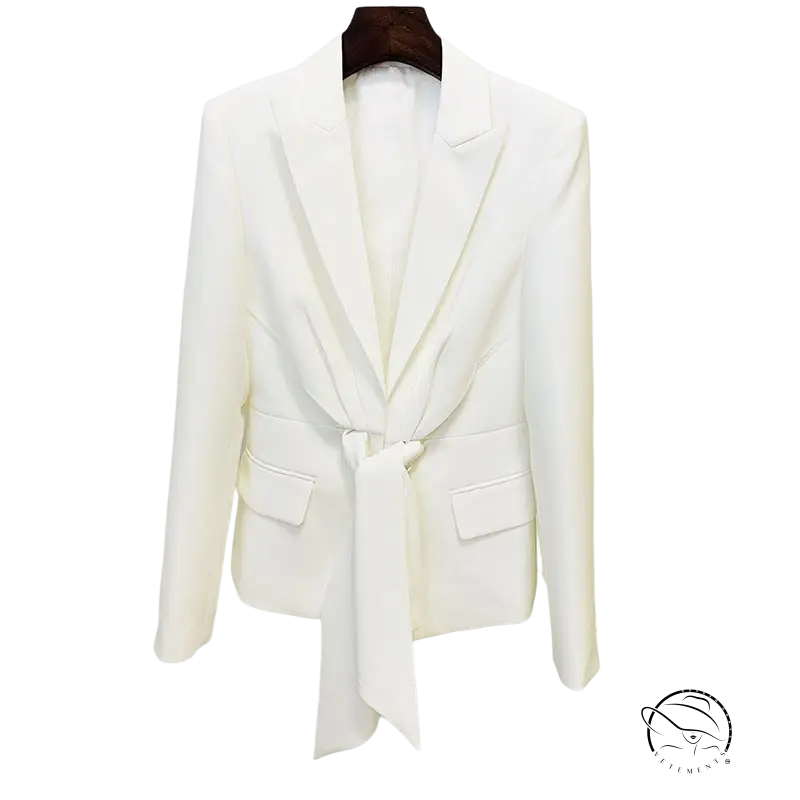 White tie-waist Clara blazer suit with zipper trousers lace