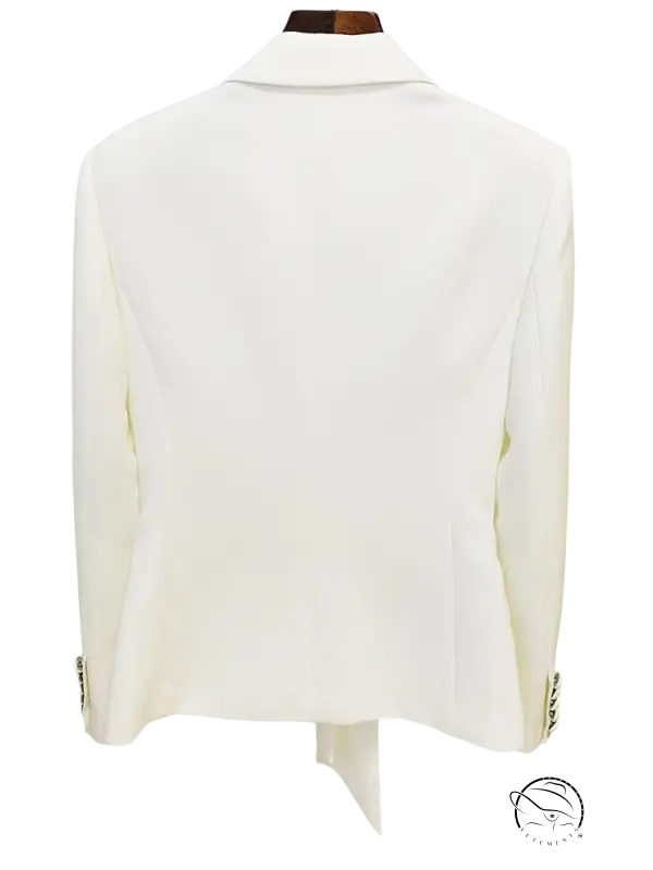 White Clara blazer suit on hanger with zipper trousers lace