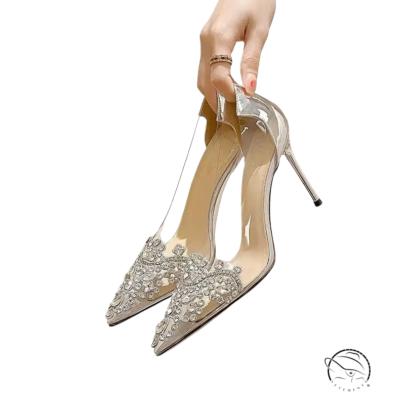 Classic stiletto high heels with rhinestone toe embellishments