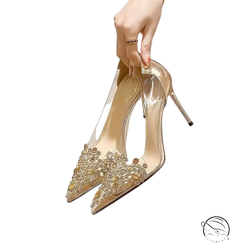 Classic stiletto high heels with rhinestone toe and crystal embellishments