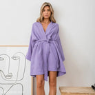 Lavender-colored skin friendly robe with wide sleeves and tie waist for comfortable cotton loose wear