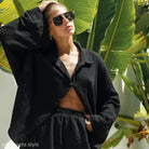 Comfy black pajamas long sleeve two-piece set with shirt and shorts for comfortable sleep