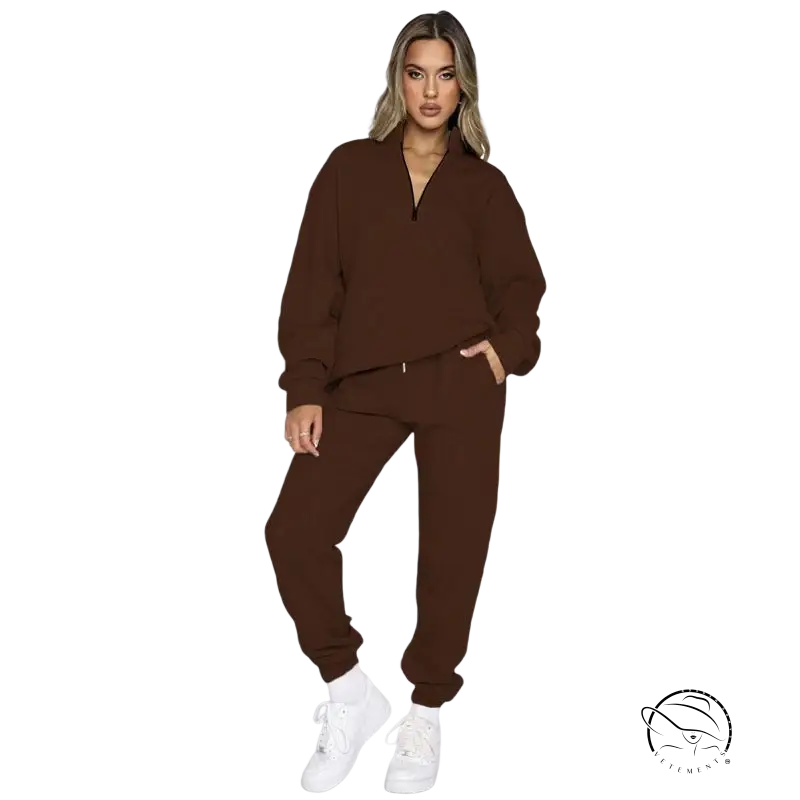Brown comfy cool pullover with smart trousers suit, half-zip front, cuffed ankles