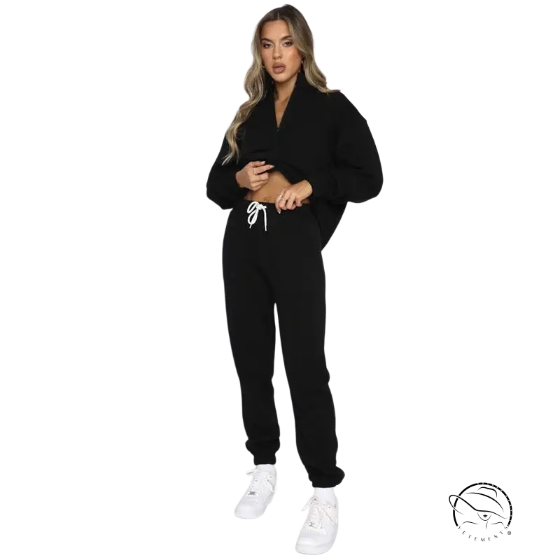 Black comfy cool pullover hoodie and jogger set with white drawstrings