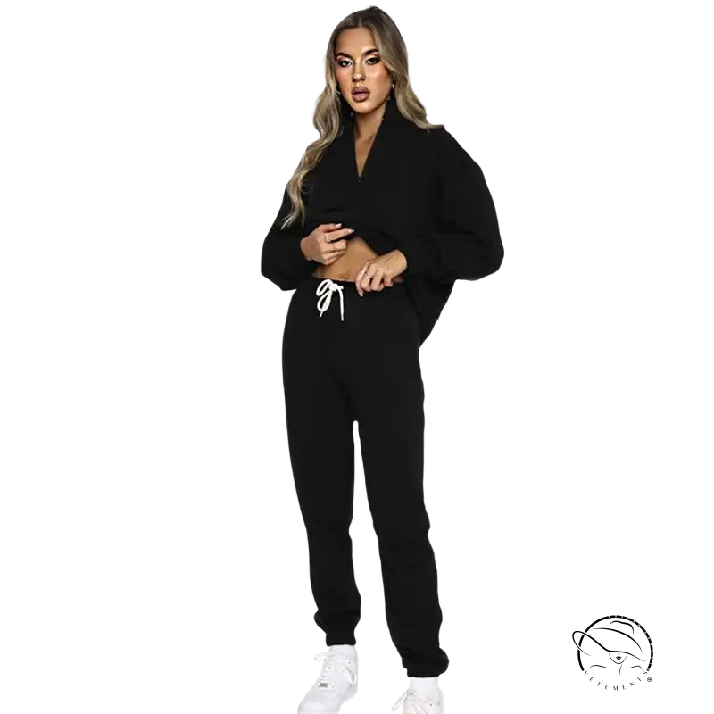 Black cropped zipper pullover and smart trousers suit in comfy cool style