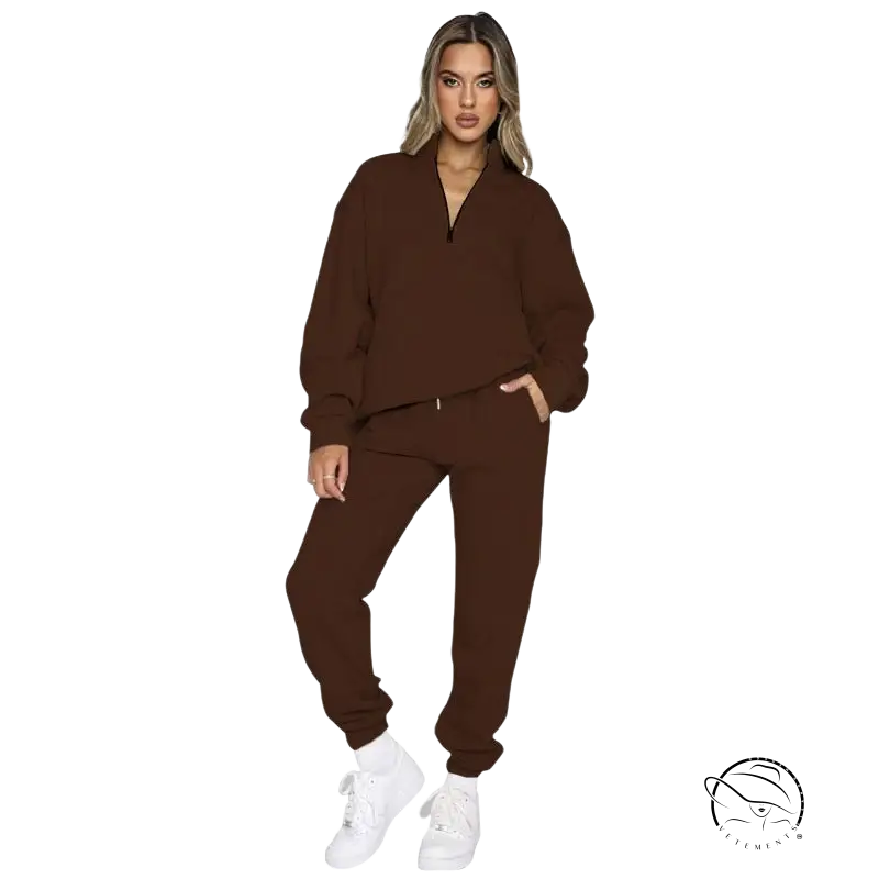 Brown comfy cool pullover half-zip sweatsuit with smart trousers