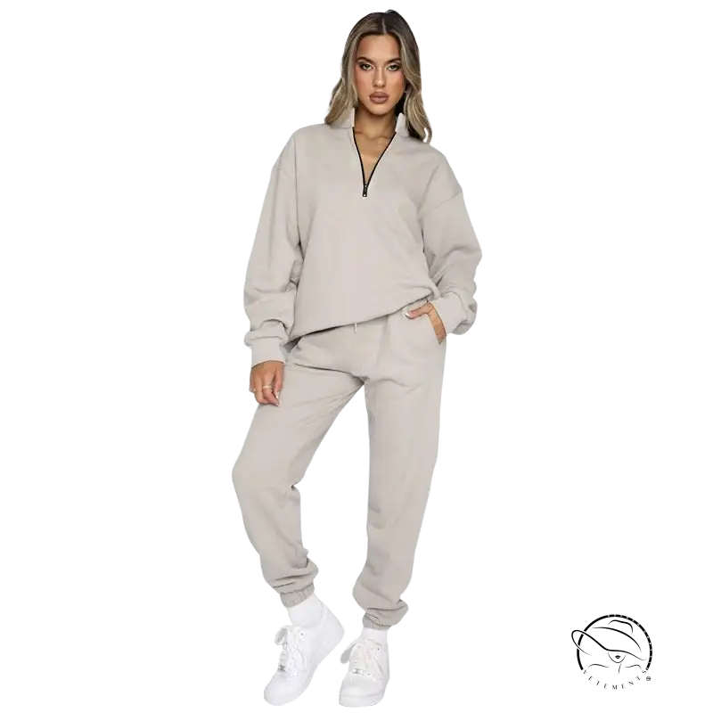 Beige oversized zipper pullover in comfy cool smart trousers suit