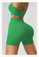 Green ribbed workout set featuring Comfy High Waist Yoga Shorts in Peach Blossom Pink and Dark Coffee Color