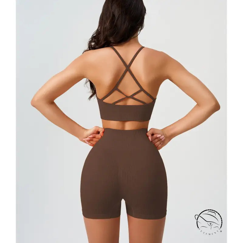 Comfy high waist yoga shorts in peach blossom pink and dark coffee color