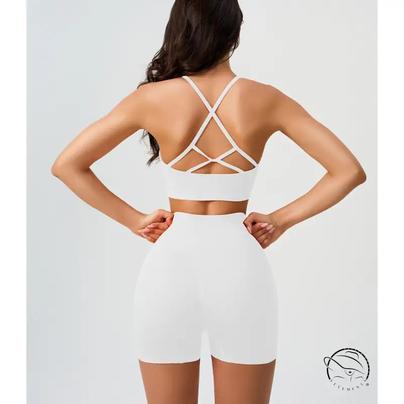 White comfy high waist yoga shorts set in peach blossom pink and dark coffee color