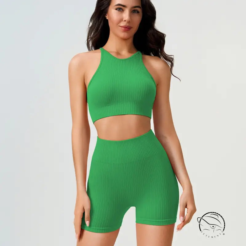 Green ribbed comfy high waist yoga shorts in peach blossom pink and dark coffee color