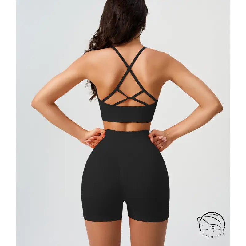 Peach blossom pink comfy high waist yoga shorts and dark coffee athletic bra set