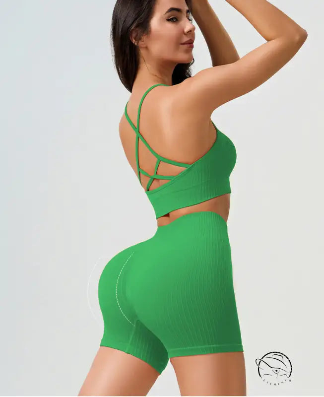 Green comfy high waist yoga shorts in peach blossom pink and dark coffee color