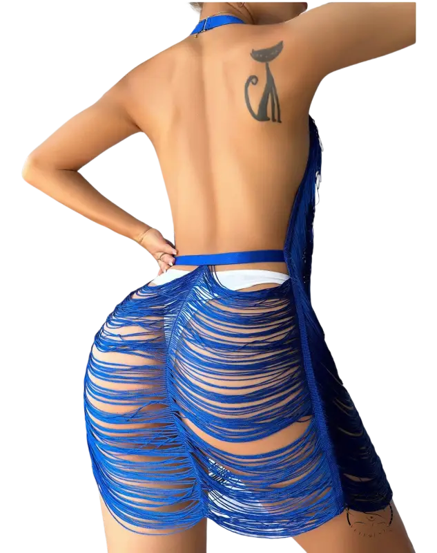 Coral red backless sexy fabric bodycon dress with blue frayed skirt revealing body