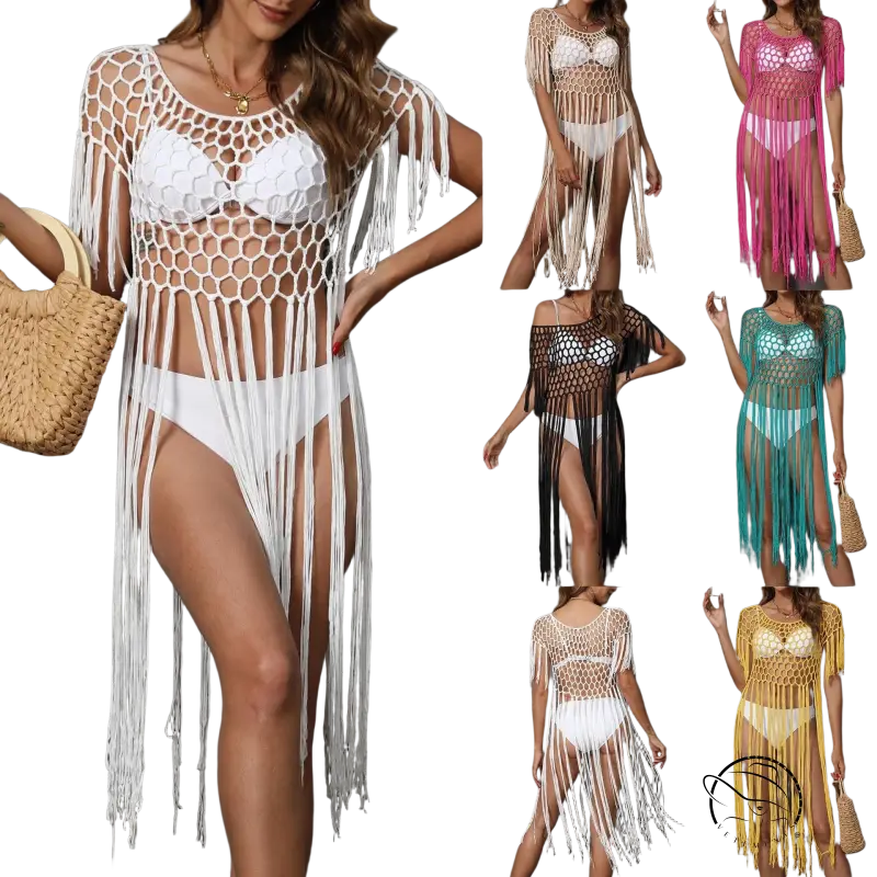 Coral red hand crocheting beach cover-up with white fringe and mesh design