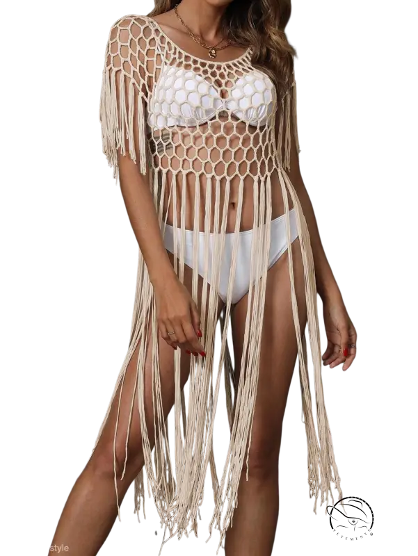 Coral red hand crocheting beach cover-up with honeycomb fringe and tassels