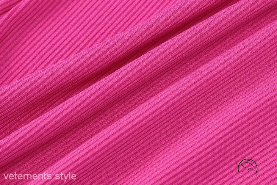 Coral red long sleeve jumpsuit in bright pink ribbed polyester fabric