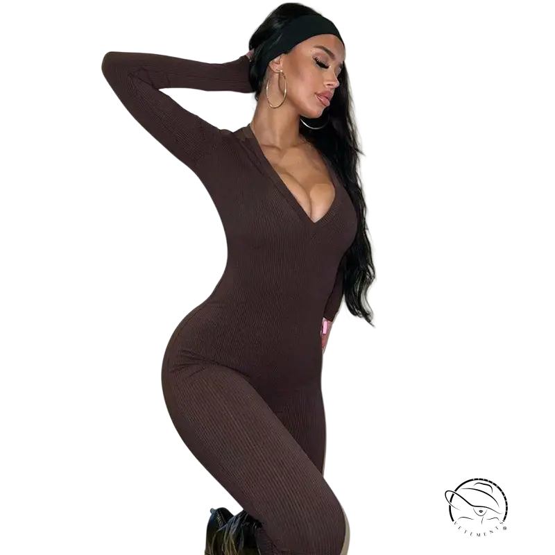 Coral red long sleeve jumpsuit in form-fitting ribbed polyester for spring