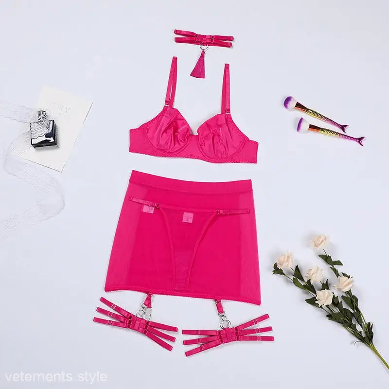 Hot pink sexy lingerie suit displayed with a Coral Red Polyester Lingerie Suit design