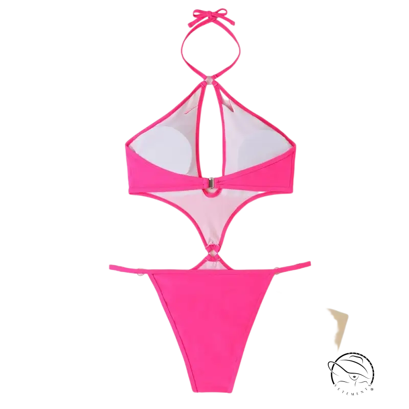 Coral red sexy swimsuit with pink halter bikini and cutout sleeves, free shipping