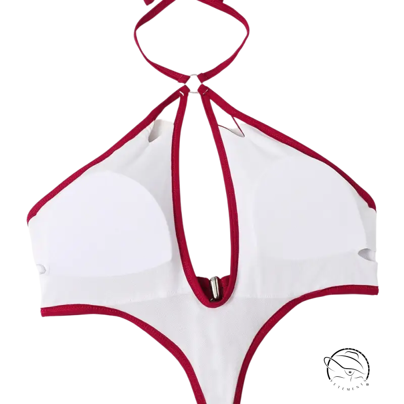 Coral red sexy swimsuit halter top with red accents, metal clasp, free shipping