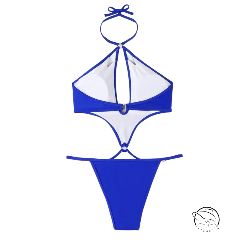 Coral red sexy swimsuit with cutout sleeves and blue-white halter tie-back