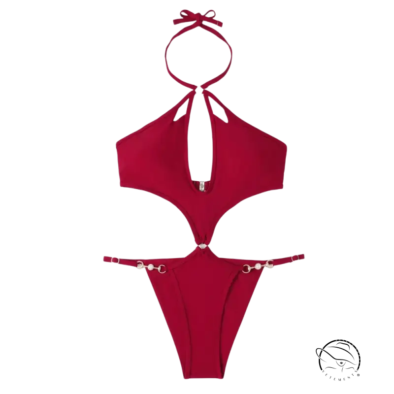 Coral red sexy swimsuit with keyhole neckline and chain detailing