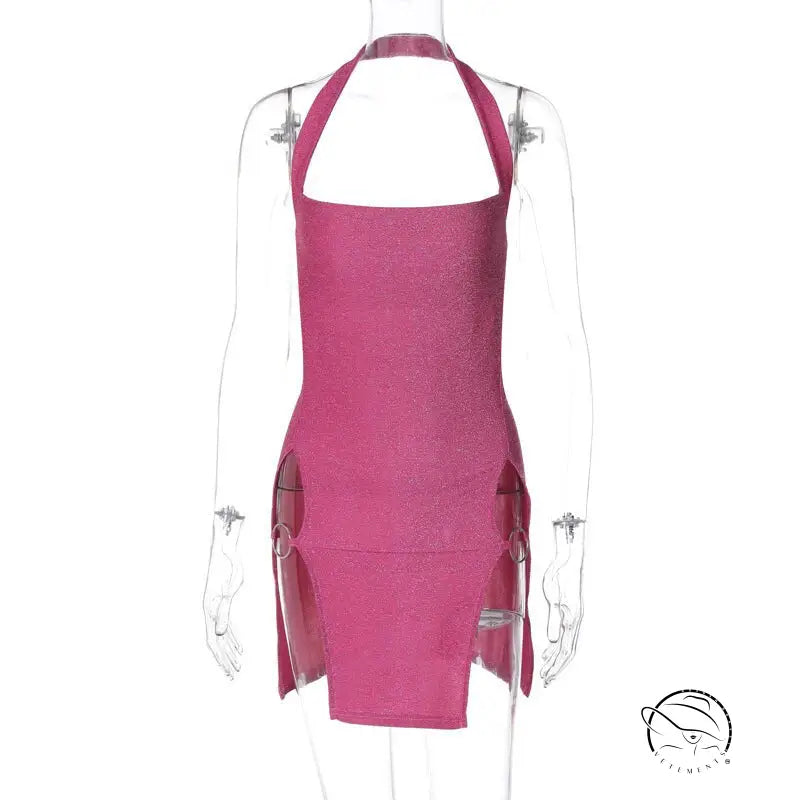 Coral red silk sheath dress with halter split design