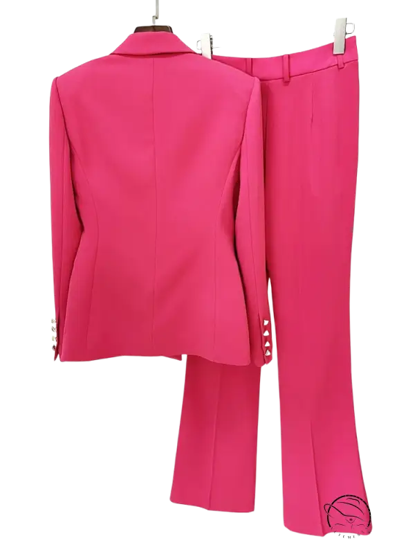 Hot pink women’s slim blazer suit, featuring a coral red design with pockets and long sleeves