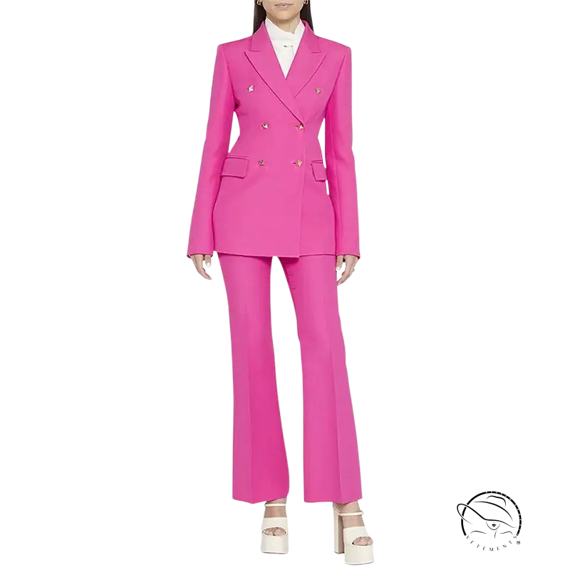 Hot Pink Double-Breasted Pantsuit from the Coral Red Slim Blazer Suit Collection